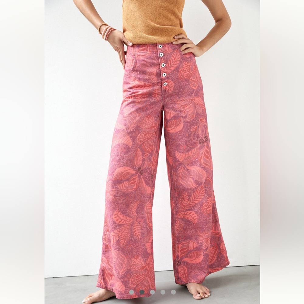Pilcro Floral Button-Fly Pants in Red and Pink